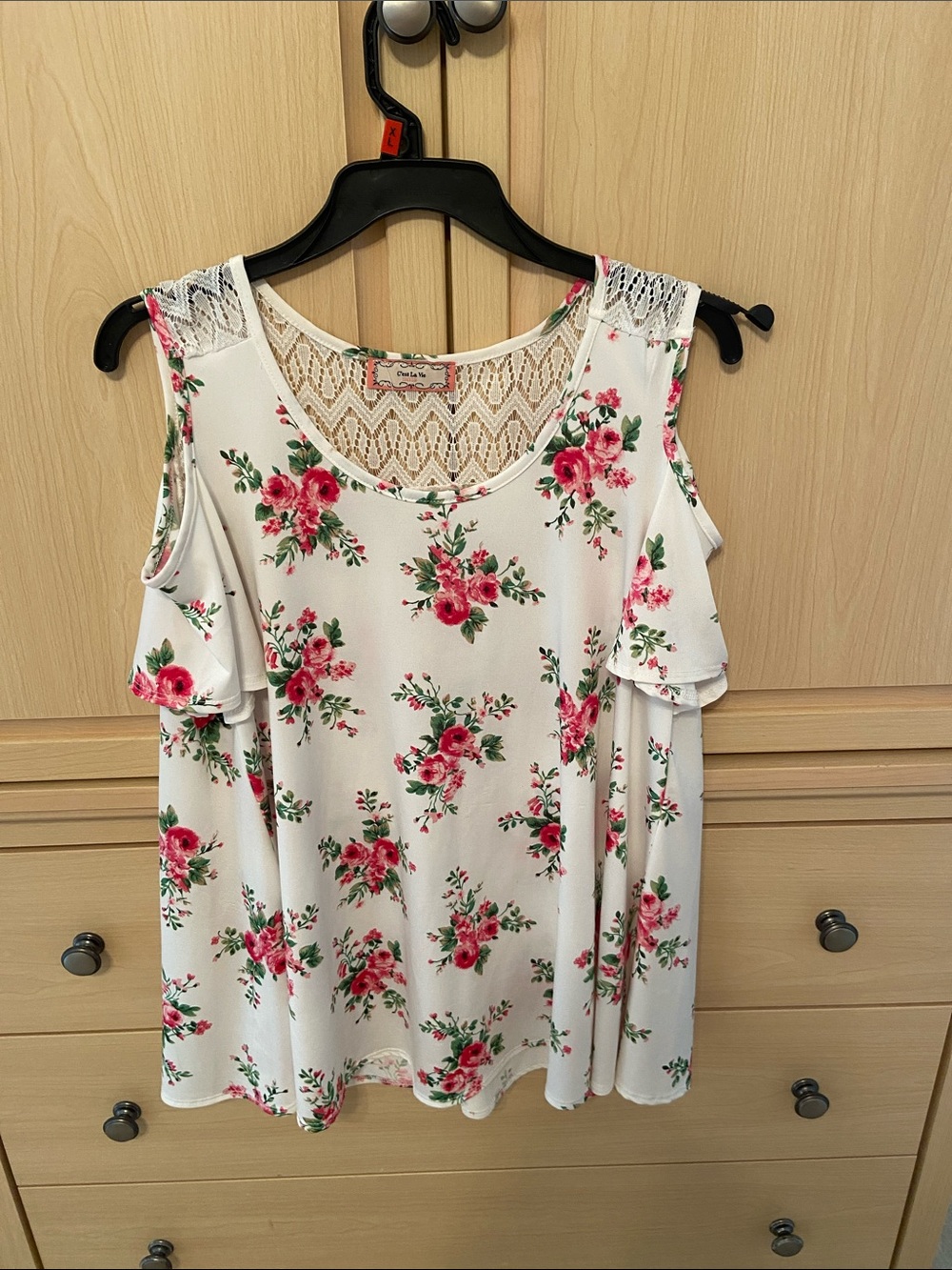 White Floral Cold-Shoulder Blouse with Lace Yoke